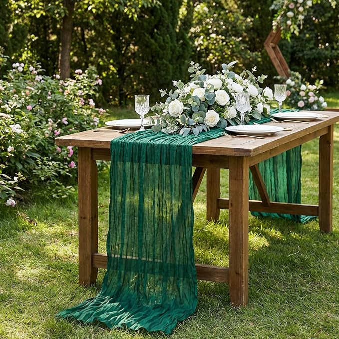 6 Pack Emerald Green Cheesecloth Table Runner 120 Inch Boho Wedding Decor | - Image 5