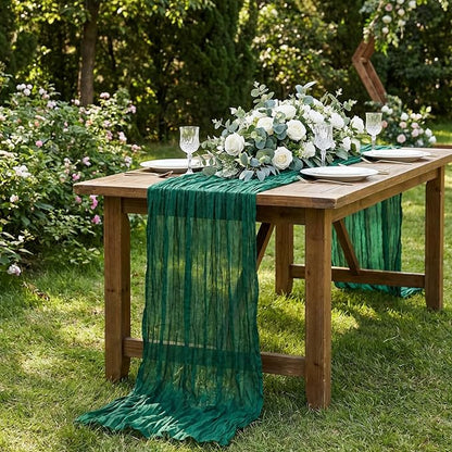 3 Pack Emerald Green Cheesecloth Table Runner 120 Inch Boho Wedding Decor | - Image 5