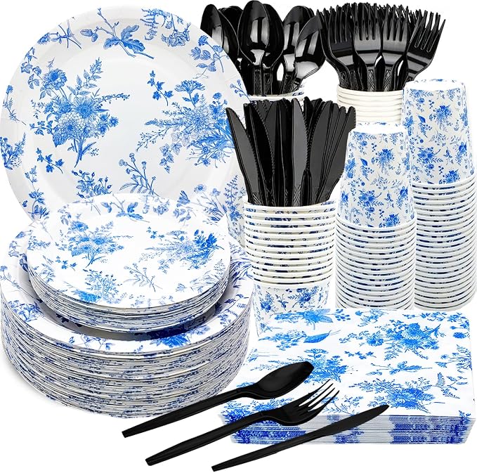 175Pcs Blue Floral Party Supplies Set 9"& 7"Blue White Floral Plates Napkins by HSPAIDYP