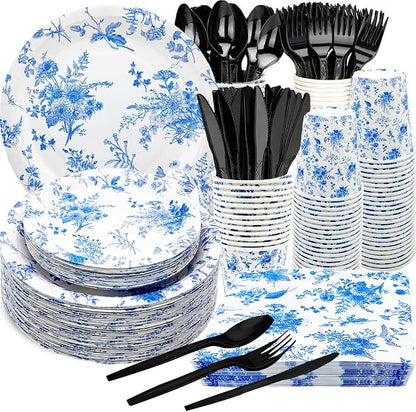 175Pcs Blue Floral Party Supplies Set 9"& 7"Blue White Floral Plates Napkins by HSPAIDYP