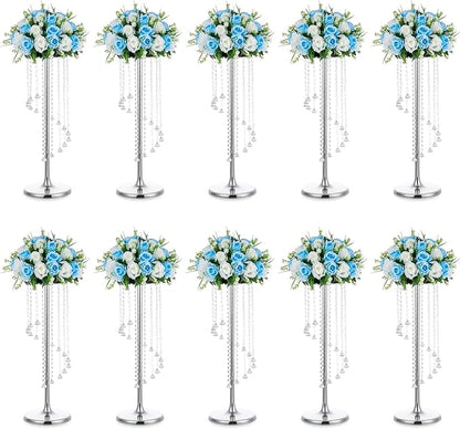 Nuptio Wedding Centerpieces Silver Vases: 10 Pcs 27.6in Tall Crystal Flower Vase Metal Flowers Stand for Party Tables Decorations - Elegant Bulk Weddings Decoration Table Chandelier Centerpiece stands