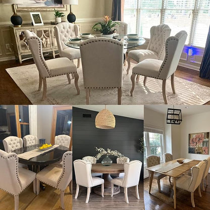 chairus Tufted Parsons Dining Chairs Set of 2, French Country Upholstered Dining Room Chairs with Nailhead Trim & Curved Wood Legs, Farmhouse High Back Armless Side Kitchen Chairs, Beige Linen