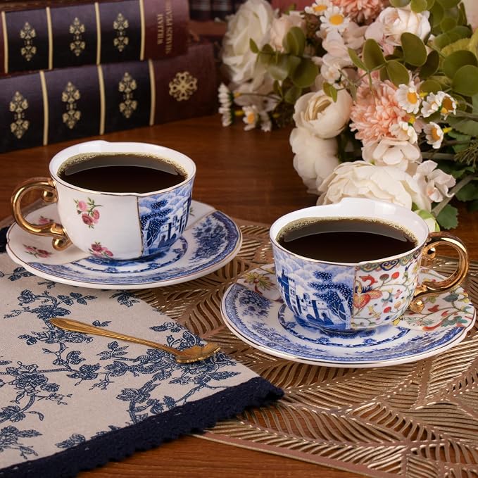 KAMMAK Tea Cups and Saucers Set of 2, Fine Bone China Coffee Cups, 582N | - Image 2