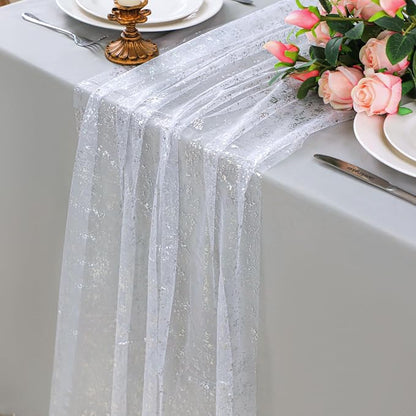 Snowkingdom White Silver Table Runner Gauze Sheer Tulle 10 FT 120 Inch Sparkly by Snowkingdom