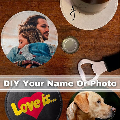 Custom Leather Coasters Set of 6 with Holder, Personalized Coasters with Logo Photo Text,Customized Coaster for Coffee Table Bar Wine Cup Kitchen Desktop Decor (Style 1)