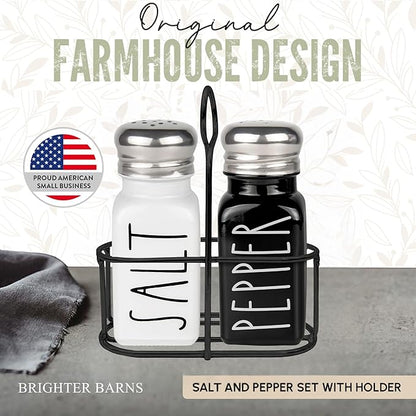 Salt and Pepper Shakers Set with Holder by Brighter Barns - Cute Modern Farmhouse Kitchen Decor, Table Decor - Vintage Glass Black White Shaker Set with Caddy and Stainless Steel Lids (Black/White)