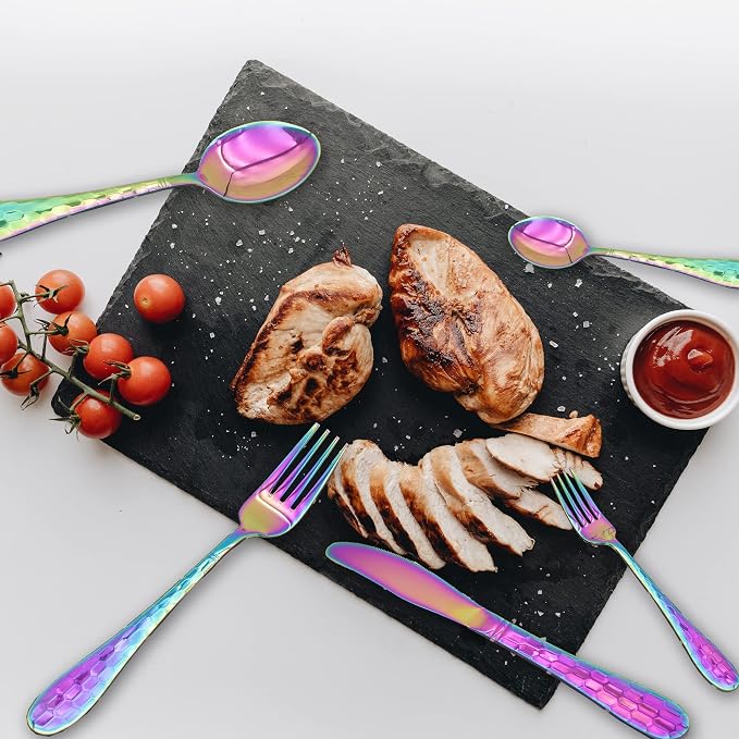 Hammered Silverware Set 20 Pieces, 18/10 Stainless Steel Colorful Silverware Set - Image 3