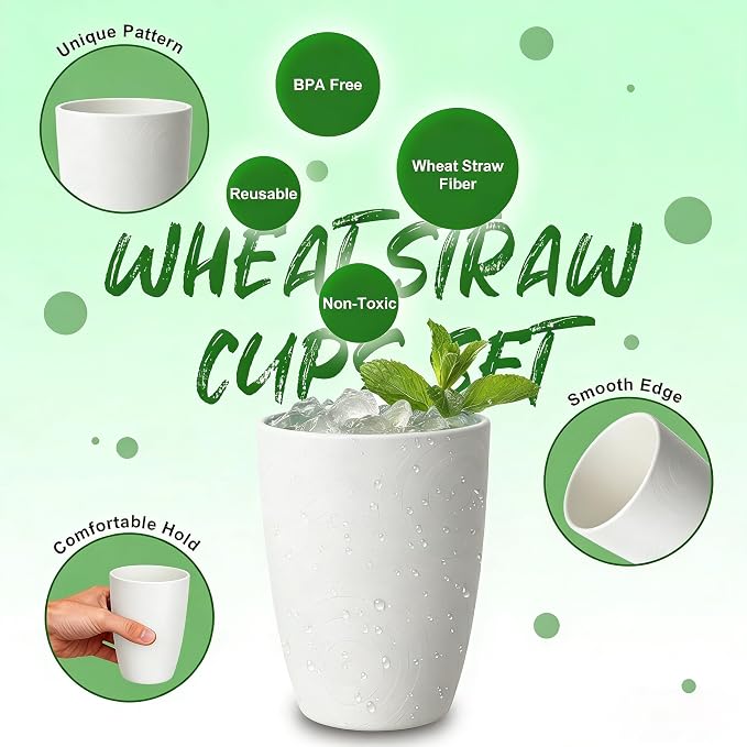 Wheat Straw Cups 6 PCS, Unbreakable 16 OZ Tumbler Set, Lightweight Glass Cups - Image 2