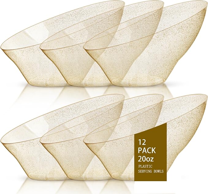 bUCLA 12 Pack Gold Glitter Plastic Serving Bowls - 20 OZ Disposable Snack by BUCLA