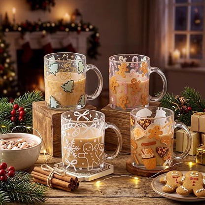 Tioncy 4 Pcs Christmas Coffee Mugs 12 oz Gingerbread Man Glass Cups - Image 2