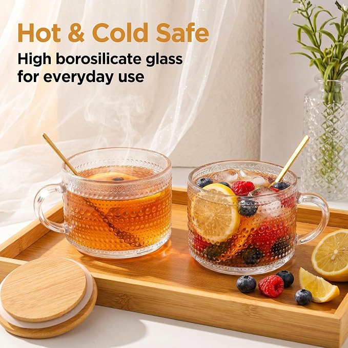 Glass Coffee Mugs with Lid 14 oz Clear Coffee Cups with Handle Spoon | Vintage - Image 2