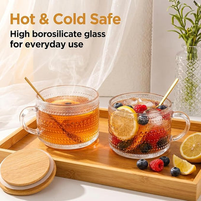 Glass Coffee Mugs with Lid 14 oz Clear Coffee Cups with Handle Spoon | Vintage - Image 2