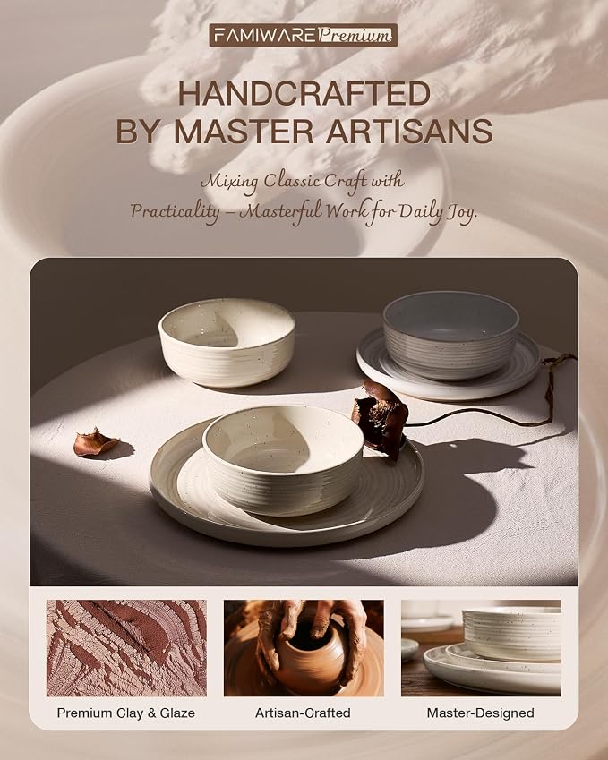 Stoneware Dinnerware Sets for 6, Reactive Glaze Plates & Bowls, Shell Beige | - Image 6