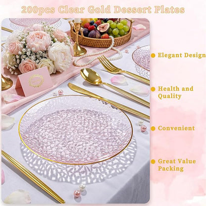 Rubtlamp 200Pcs Plastic Pink Dessert Plates with Disposable Gold Forks,Heavy Duty Pink Hammered Salad Platos, Gold Small Platos,Fancy Appetizer Plates for Mother's Day