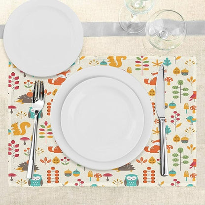 Ambesonne Cartoon Place Mats Set of 4, Autumn Pattern Owl Fox Squirrel Birds Animal Leaves Print, Washable Fabric Placemats for Dining Table, Standard Size, Cream Orange