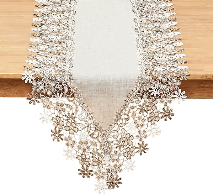 Natural Beige Floral Lace Table Runner Dresser Scarf | Rustic Farmhouse Style by Winotic