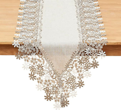 Natural Beige Floral Lace Table Runner Dresser Scarf | Rustic Farmhouse Style by Winotic