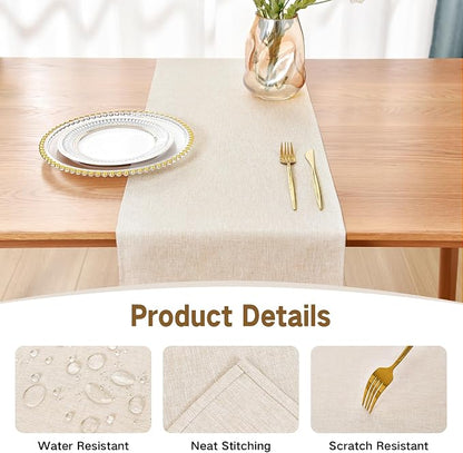 Faux Linen Table Runner Water Resistant 13 x 72 in, Neutral | Farmhouse Rustic - Image 3