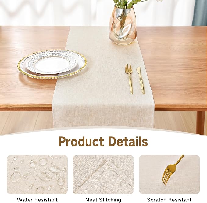 Faux Linen Table Runner Water Resistant 13 x 48 in, Neutral | Farmhouse Rustic - Image 3