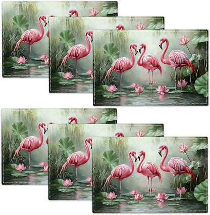 Flamingo Placemats Set of 6, Flamingo Tropical Flowers Place Mats, Wildlife Waterproof Washable Table Mats for Home Party Indoor Kitchen Dining Table Decoration 12x18 Inch