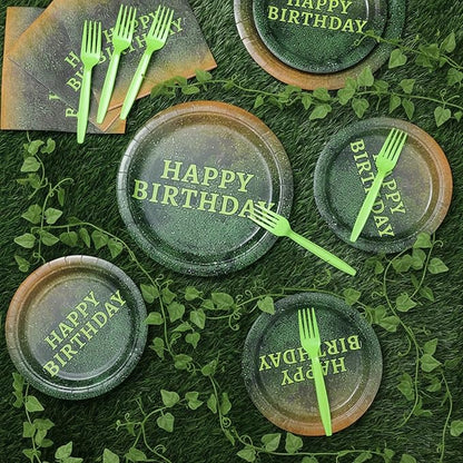 Yungyan 24 Sets Green Moss Pattern Disposable Paper Plates and Napkins Forks Plants Nature Green Ogre Themed Birthday Party Tableware Set Dinnerware for Women Men