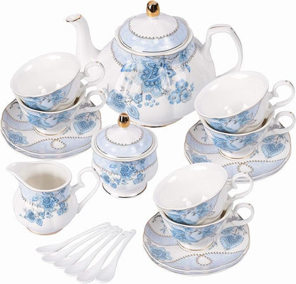 fanquare Blue Flowers Porcelain Tea Set, Tea Cup and Saucer Set Service by fanquare