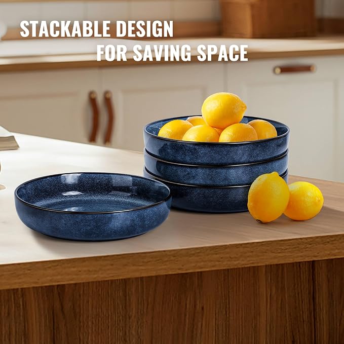 Herogo Stoneware Pasta Bowls Set of 4, Large Wide Shallow 37oz Plates and - Image 3