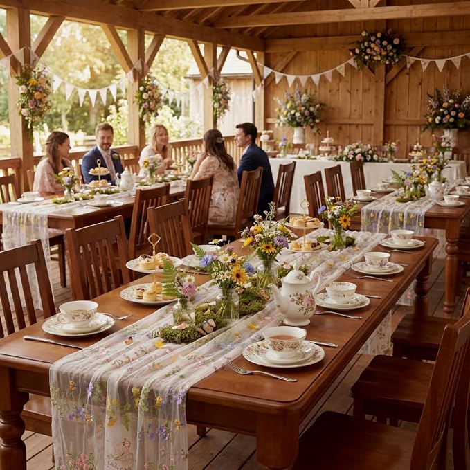 Ivory White Floral Table Runner 10ft Embroidery Tulle Spring Wildflower Table - Image 8