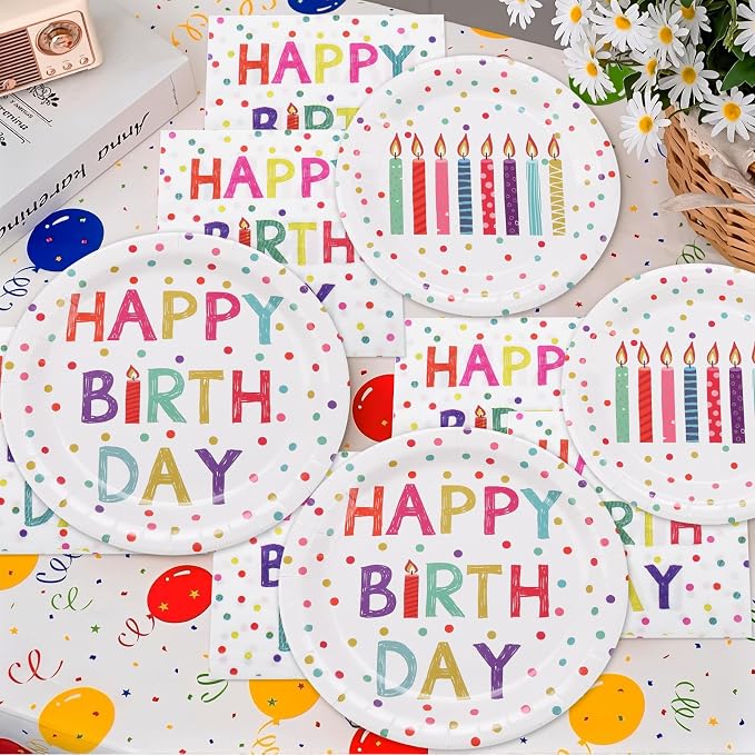 60PCS Birthday Plates and Napkins Set, Serve 20 | Rainbow Dot Party Supplies - Image 4