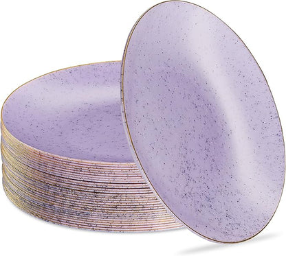 PLASTICPRO 30 Pack Disposable Plastic Plates Heavyweight Granite Look Elegant 10 inch Dinner Plates Purple with Gold Rim
