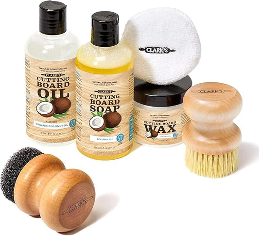 CLARK'S Cutting Board Care Kit with Coconut Oil - Includes Wax, Soap, Scrub Brush, Buffing Pad, and Applicator - for Kitchen Countertops, Butcher Blocks, Wooden Bowls and Utensils - Food Safe