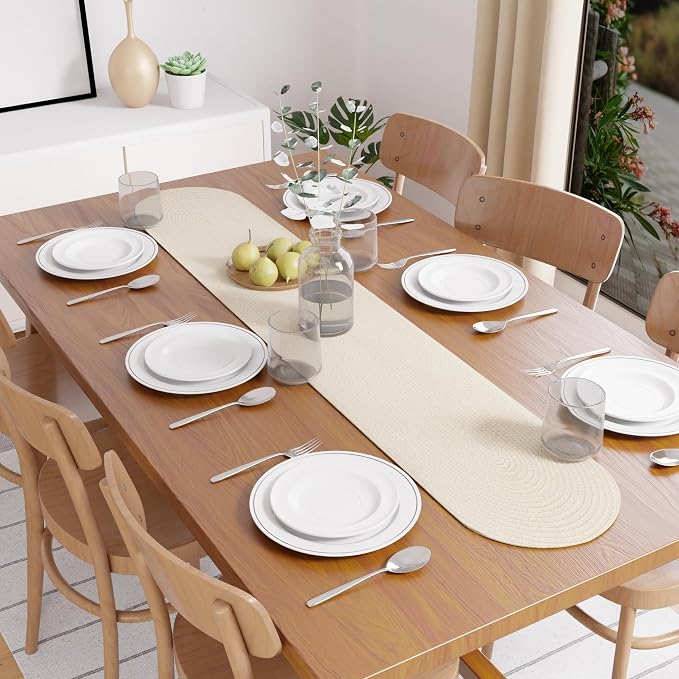 Encasa XO Dining Table Runner, Handmade Ribbed Cotton 12"x54" Off White | 100% - Image 3