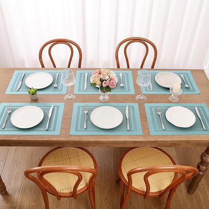 SHACOS Woven Vinyl Placemats Set of 4 Wipe Clean Place Mats for Dining Table Heat Resistant PVC Weave Table Mats Indoor Outdoor (4, Frame Light Turquoise)
