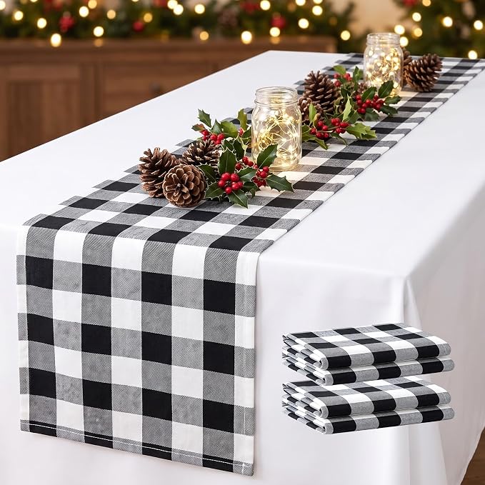 ShinyBeauty 4 Packs Black & White Plaid Table Runners 13x72” Gingham Runner | by ShinyBeauty