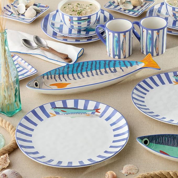 Something Fishy Ceramic DEEP SERVING BOWL 9 x 5 Inches, coastal striped serving - Image 4