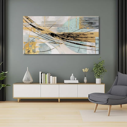 Abstract Wall Art Framed Wall Decor Modern Canvas Abstract Wall Art Black-Gold and Blue Grey Abstract Artwork for Living Room Bedroom Dining Room Home Office Decor 29"x58"