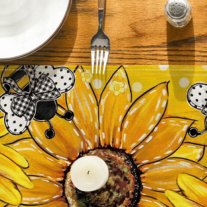 Artoid Mode Yellow Sunflower Bee Flower Polka Dot Summer Table Runner, Seasonal - Image 7
