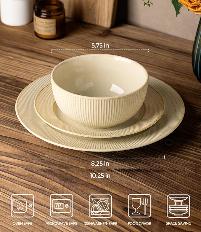 Ceramic Dinnerware Set for 4, 12-Piece Plates and Bowls Set | Lightweight - Image 2