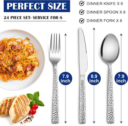 E-far 24-Piece Hammered Silverware Set, Stainless Steel Flatware Set - Image 2