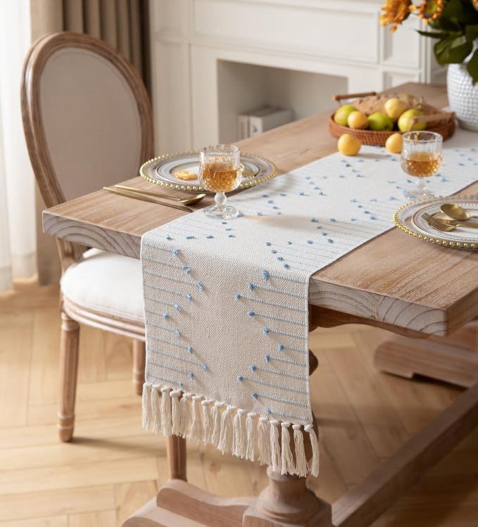 Boho Table Runner 13 x 108 Inch Long Natural Cotton Woven Runner - Image 2