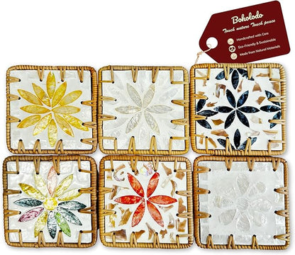 Handmade Rattan Coaster Set of 6, Cute Square Coasters with Mother of Pearl,Colorful Boho Coaster for Decorative, Coffee Table - Bar & Outdoor Drink Coasters, Unique Housewarming - Occasions Gift