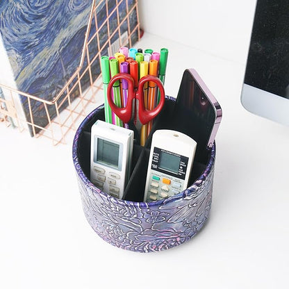 Round Leather Art Supply Organizer,Remote Control Holder,360 Degree Spinning,Multi-Functional Pencil Holder,4 Compartments Desktop Stationary Organizer(1-Rich Flower Purple)