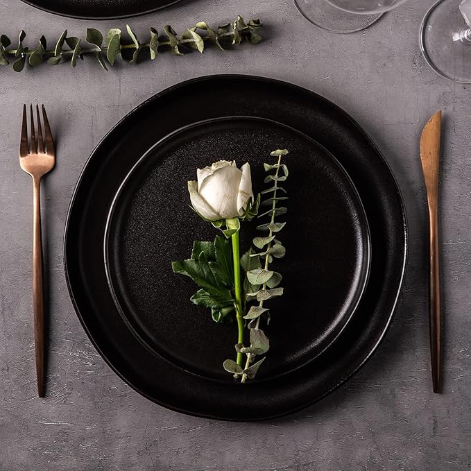 AmorArc Ceramic Dinner Salad Plates Set of 6, Wavy Rim 8.5 Inch Dish Set, The Dessert,Salad, Appetizer, Small Dinner etc Plate,Microwave, Dishwasher Safe, Scratch Resistant, Matte Black