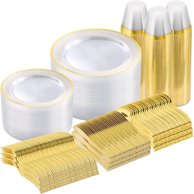 600 Pieces Clear Gold Plates for 100 Guests | Include: Dinnerware Set of 100 by GoodLuck
