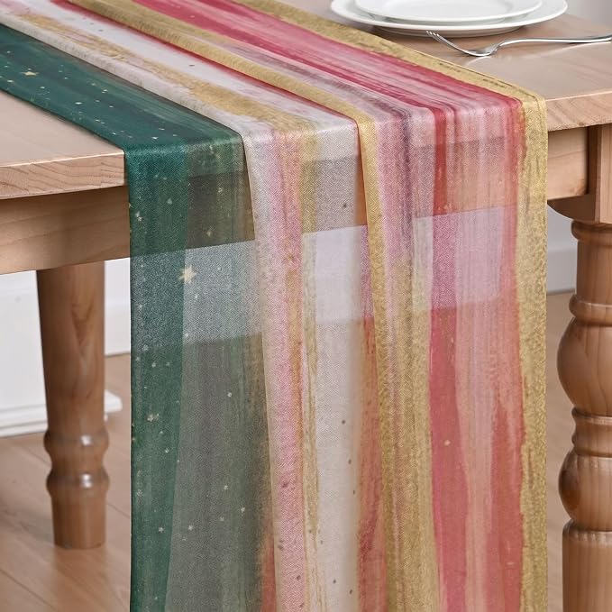 Artoid Mode Boho Green Red Stripes Christmas Chiffon Table Runner 120 Inches by ArtoidMode