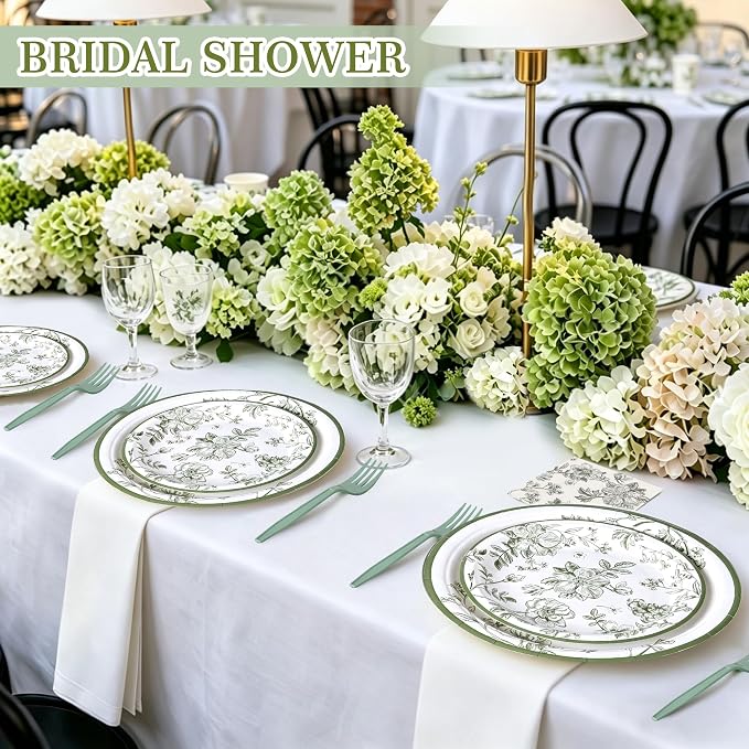 100 Pcs Disposable Sage Green Flower Tableware Set - Image 2