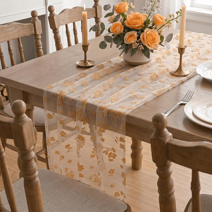 Artoid Mode Beige Gauze Flocking Flowers Table Runner 10FT, Seasonal Sheer - Image 5