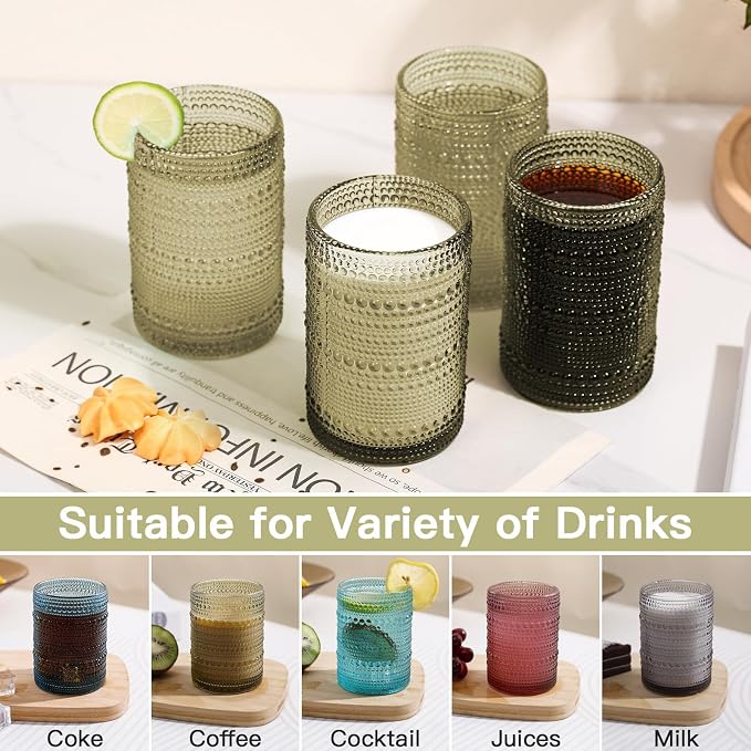 JOVGANK Green Vintage Hobnail Drinking Glasses Set of 6, Water Tumbler 15oz - Image 5