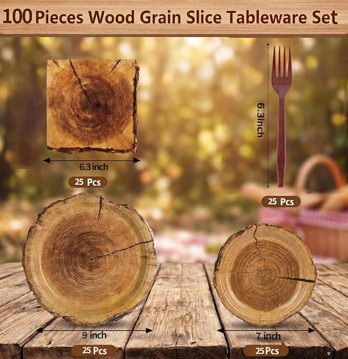 100 Pcs Disposable Rustic Wood Grain Slice Tableware Set - Image 2