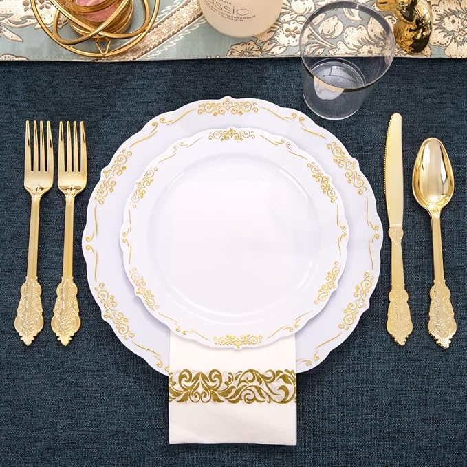 LIYH 350 Pcs Gold Plastic Dinnerware Set, 10 oz Cups - Image 6